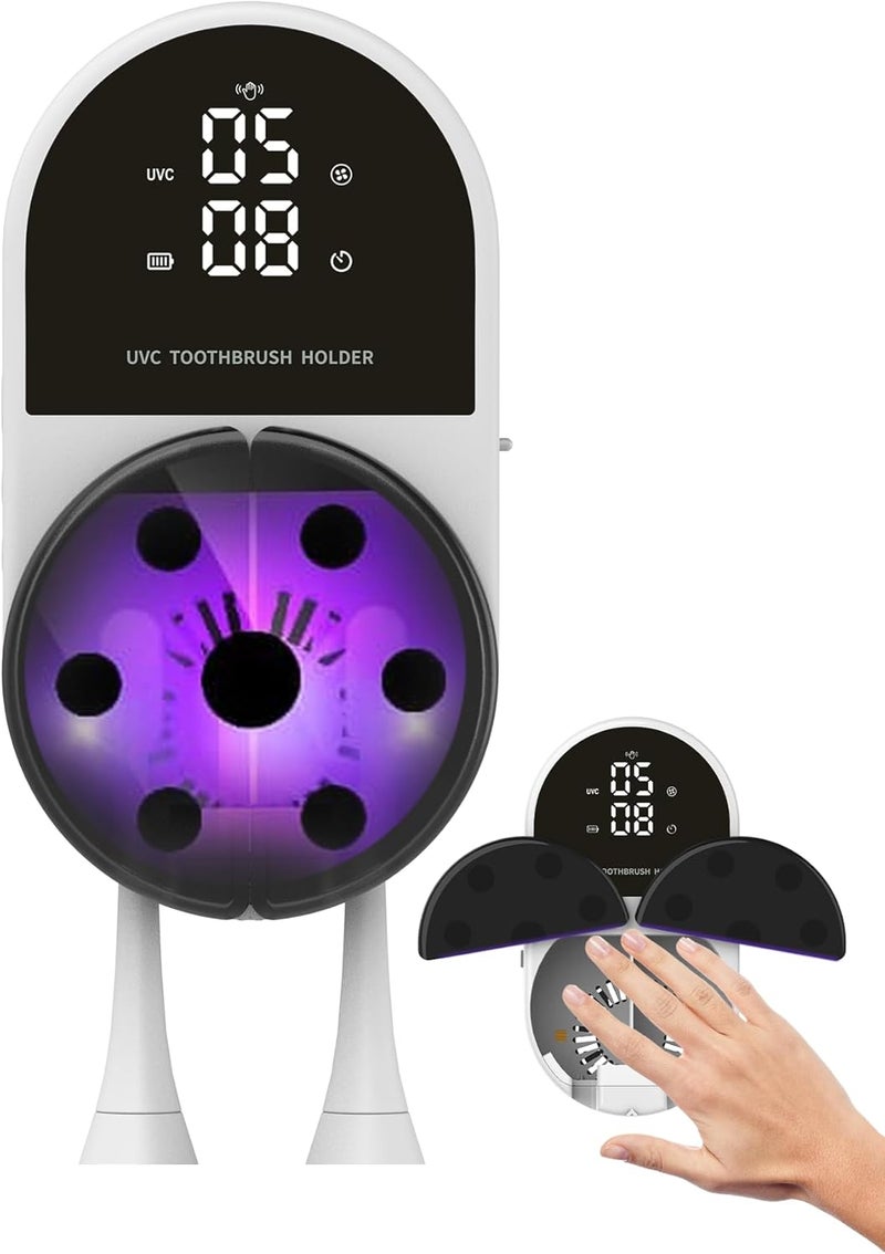 JetFresh UV Toothbrush Sanitizer Holder & Cleaner with Led Clock Display, Hands-Free Wave Sensing & Dual Toothbrush Storage - Wall Mounted UV Tooth Brush Sanitizer Holder for Bathroom Decor, Fits All Brushes - Image 1